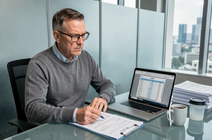 Comptable spécialisé LMNP analysant une déclaration fiscale et un tableau d'amortissement sur ordinateur portable