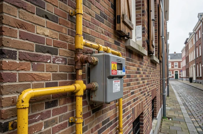 Compteur et tuyaux de gaz sur façade en briques d'une maison bruxelloise