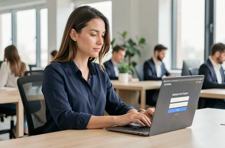 Employée connectée à son espace CSE sur un ordinateur portable dans un bureau moderne