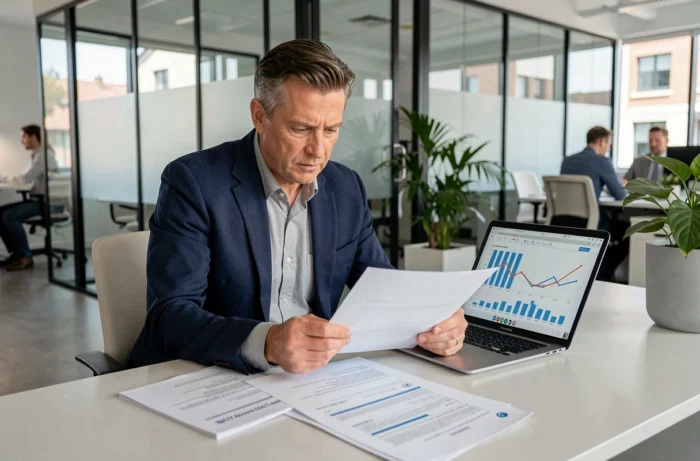 Conseiller en investissement locatif analysant des avis clients et des données financières dans une agence immobilière moderne