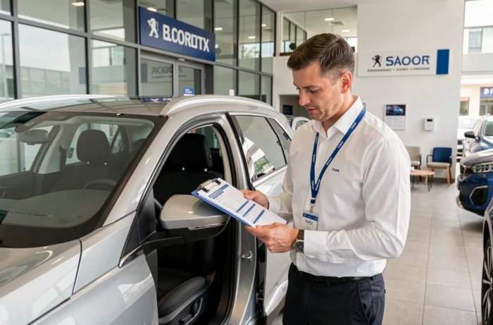 Conseiller service d'un concessionnaire Peugeot présentant les coûts d'entretien de la boîte automatique EAT8 à un client