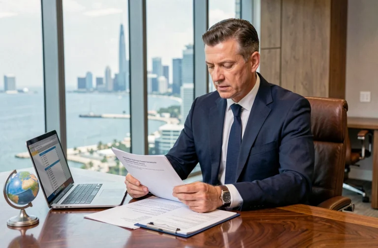 Consultant financier en costume marine analysant des documents fiscaux internationaux dans un bureau moderne avec vue sur une ville côtière