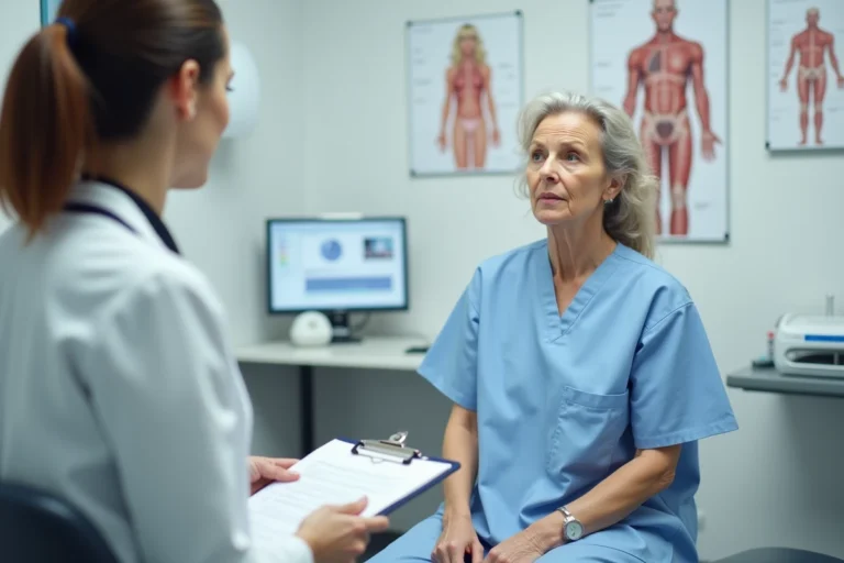 Consultation chez un angiologue : une patiente écoute les explications de sa médecin dans un cabinet médical moderne