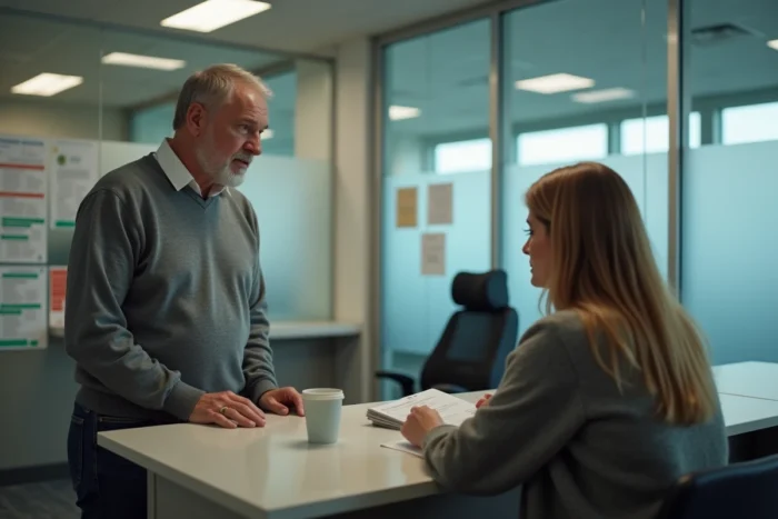 Homme en consultation avec une conseillère dans un bureau d'office HLM pour une demande de logement social
