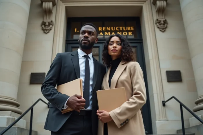 Couple devant une préfecture française tenant des documents administratifs dans le cadre d'une procédure OQTF liée au mariage