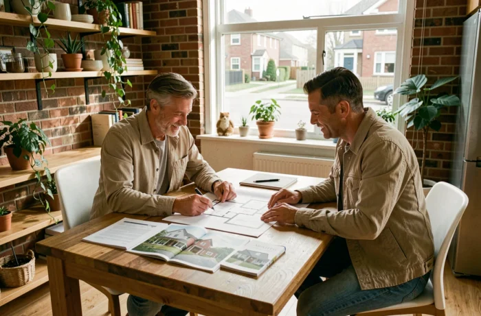 Couple examinant des plans et brochures immobilières à une table en bois dans une maison moderne