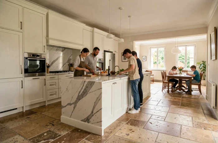 Cuisine ouverte avec îlot central en marbre dans une maison de ville française rénovée, famille réunie autour de l'espace repensé au rez-de-chaussée
