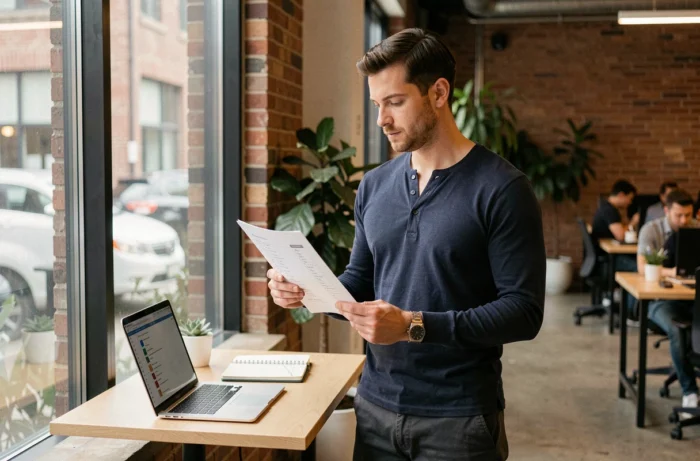 Jeune homme consultant une liste de démarches administratives dans un espace de coworking pour cumuler emploi et chômage
