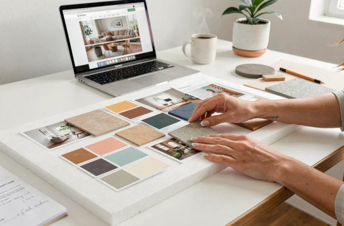 Mains d'une décoratrice d'intérieur assemblant un moodboard de matériaux et couleurs pour un projet personnalisé