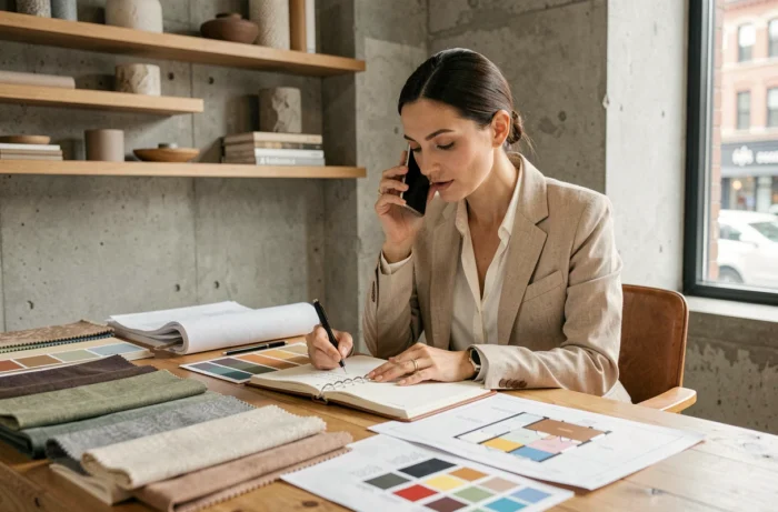 Designer d'intérieur professionnelle en consultation téléphonique dans son studio de décoration moderne
