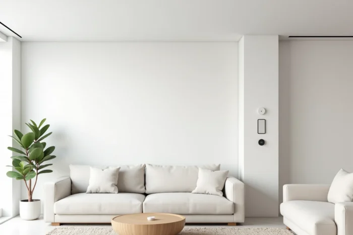 Détecteurs intelligents et capteurs connectés intégrés de façon invisible dans le plafond et les murs d'un intérieur épuré et minimaliste