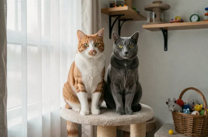 Deux chats adultes assis sur un arbre à chat près d'une fenêtre dans une pièce dédiée aux félins avec des jouets interactifs