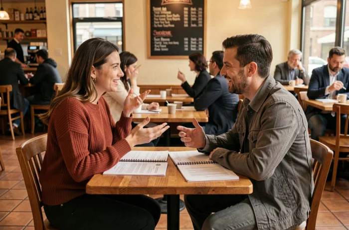 Deux jeunes professionnels discutant d'opportunités d'emploi autour d'un café