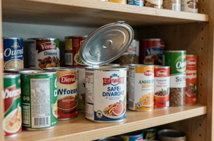 Diversion safe déguisé en conserve alimentaire parmi de vraies boîtes dans un placard de cuisine