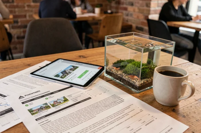Documents de gestion immobilière sur une table avec un nano aquarium de crevettes, alliant passion aquariophile et investissement locatif