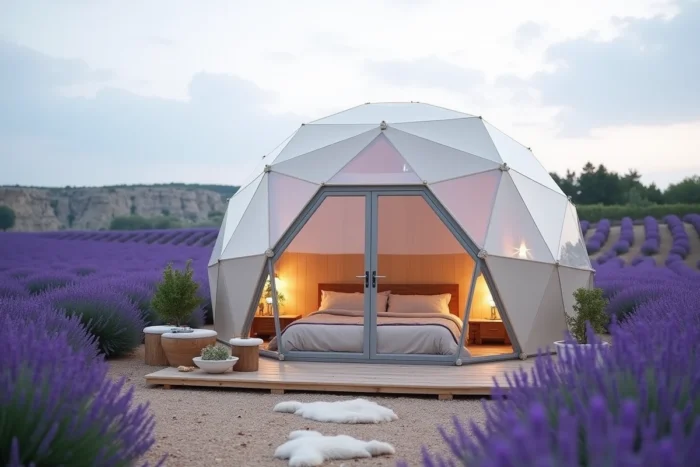 Tente glamping en forme de dôme géodésique transparente au milieu d'un champ de lavande en Provence, intérieur cosy visible de l'extérieur