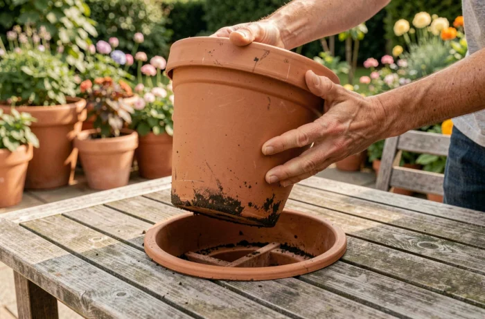 Double fond secret d'un pot de fleurs lesté soulevé pour révéler un compartiment caché en dessous