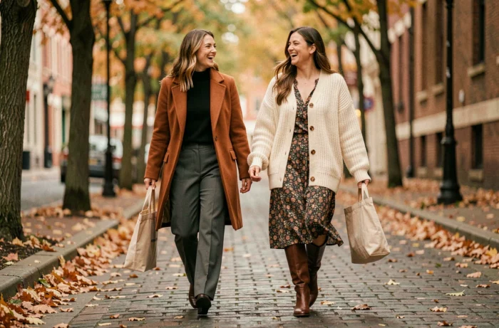 Deux femmes élégantes aux tenues tendance automne marchant sur une rue pavée, illustrant les nouvelles tendances mode et lifestyle