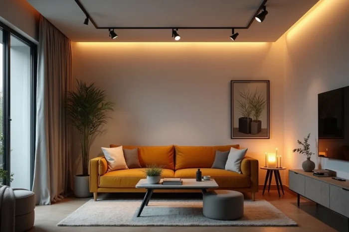 Salon équipé d'un système d'éclairage adaptatif connecté permettant de varier l'ambiance sans effort dans un intérieur moderne