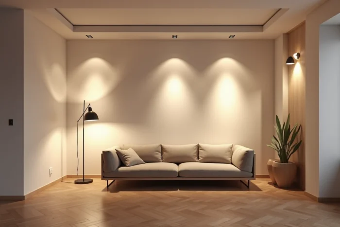 Salon avec un éclairage en trois couches composé de lampadaires, appliques murales et spots encastrés redessinant les volumes
