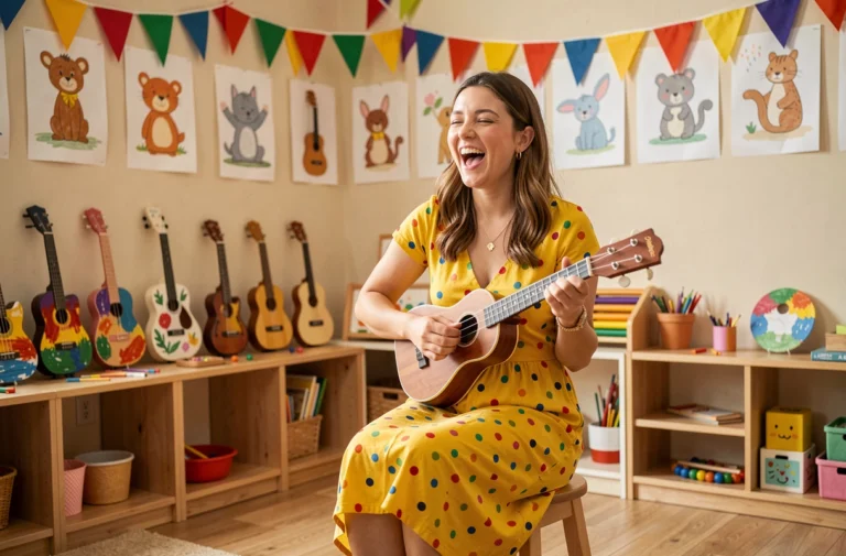 Éducatrice musicale joyeuse jouant du ukulélé dans une salle de musique colorée pour enfants décorée de guirlandes et d'affiches d'animaux