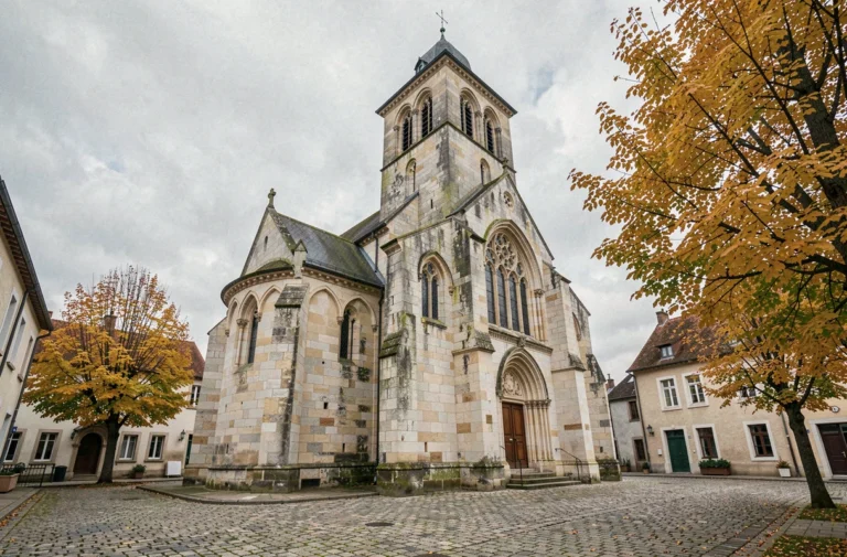 Église romane en pierre de Charny en Bourgogne entourée de la place du village aux pavés anciens et d'arbres aux couleurs automnales