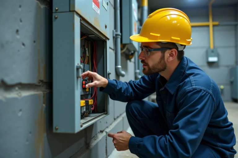 Électricien inspectant un tableau électrique industriel dans une salle de contrôle, risque de feu électrique en milieu professionnel