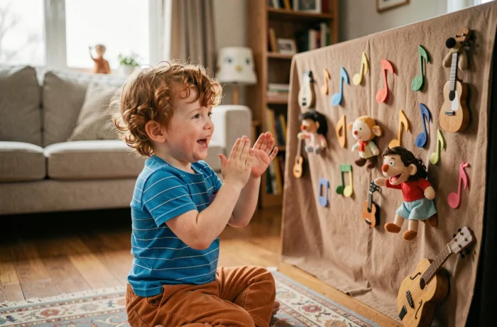 Petit garçon aux cheveux roux applaudissant avec enthousiasme devant un spectacle de marionnettes musicales dans un salon familial coloré