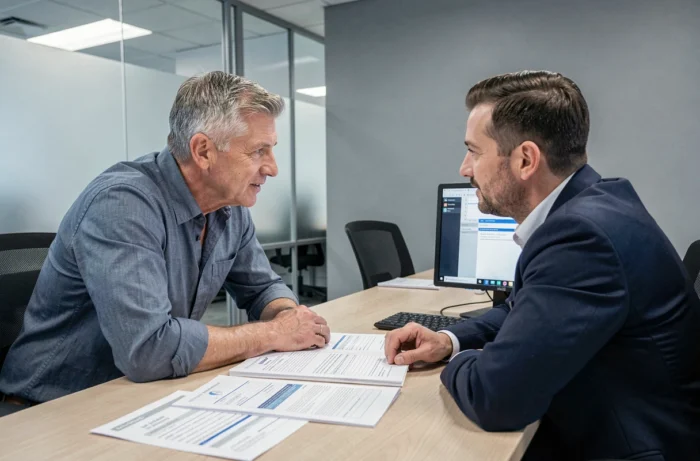 Homme en recherche d'emploi en entretien avec un conseiller Pôle emploi dans un bureau professionnel moderne