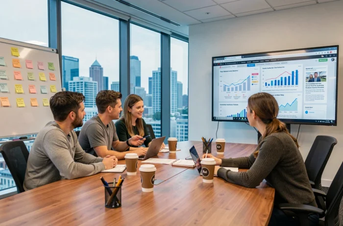 Équipe de professionnels analysant des ressources business et emploi en ligne autour d'un écran en open space