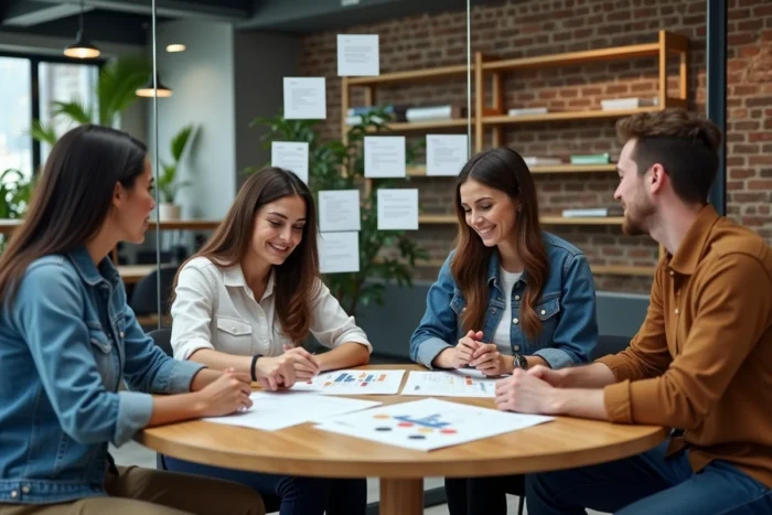 Équipe de professionnels collaborant autour d'une table pour établir les étapes d'un partenariat stratégique