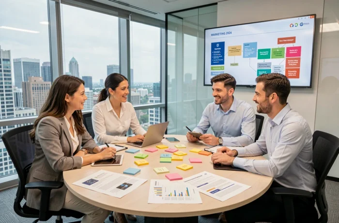 Équipe marketing diversifiée en réunion de brainstorming autour d'une stratégie digitale 2024