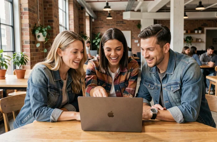 Groupe de développeurs et moddeurs collaborant autour d'un ordinateur portable dans un espace de coworking moderne