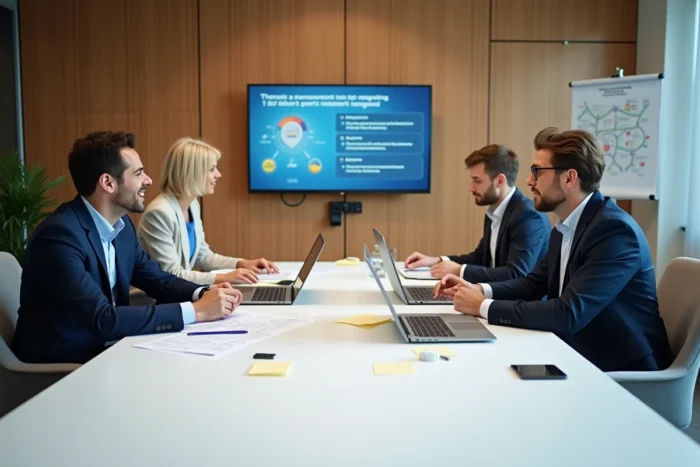 Équipe de professionnels en réunion d'innovation autour d'une table de conférence avec documents et laptops