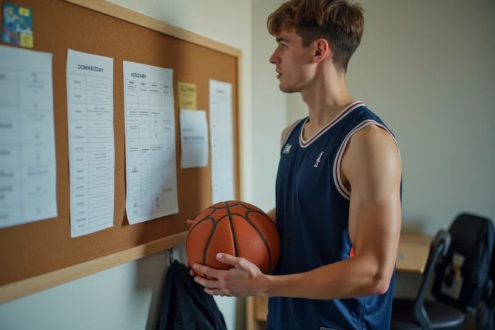 Jeune étudiant sportif consultant son emploi du temps pour équilibrer études et activités extrascolaires dans sa chambre universitaire