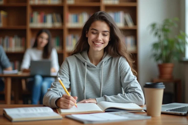 Étudiante concentrée sur ses révisions dans une bibliothèque universitaire moderne, entourée de livres et d'un ordinateur portable