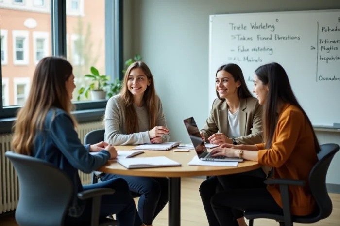 Étudiants en BTS MUC travaillant en groupe sur un projet marketing dans une salle de cours