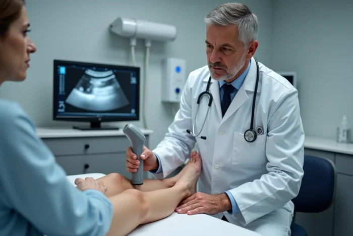 Un angiologue réalise un examen Doppler sur la jambe d'un patient lors d'une consultation vasculaire spécialisée
