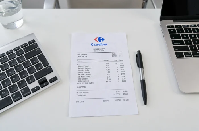 Facture Carrefour imprimée posée sur un bureau avec ordinateur portable et stylo pour illustrer la gestion des justificatifs