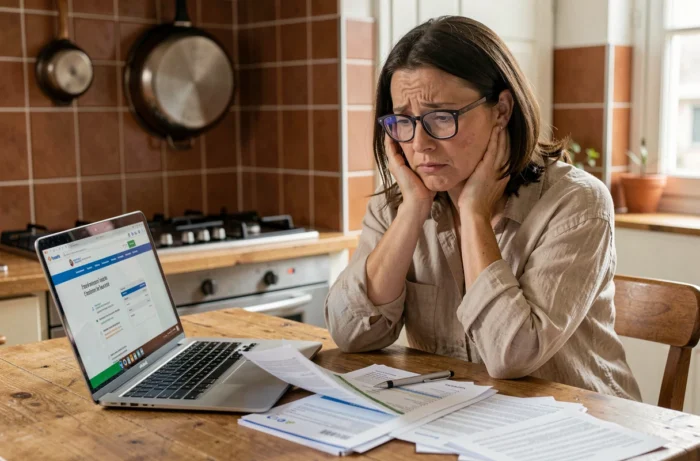 Femme analysant ses factures de gaz à la table de sa cuisine à Bruxelles