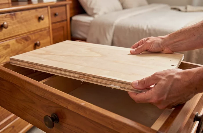 Faux fond de tiroir en contreplaqué révélant un double plancher collé dans un meuble en bois