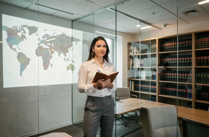 Femme d'affaires en salle de conférence devant une carte du monde, illustrant la fiscalité et l'optimisation fiscale internationale