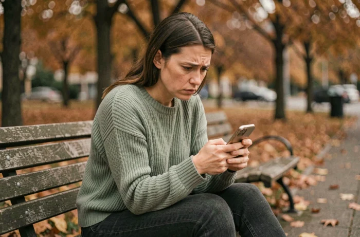 Femme anxieuse sur un banc de parc serrant son téléphone, illustrant les signes d'un attachement excessif et d'une dépendance émotionnelle