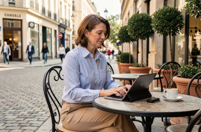 Femme auto-entrepreneuse travaillant sur tablette en terrasse de café en ville avec une atmosphère professionnelle détendue