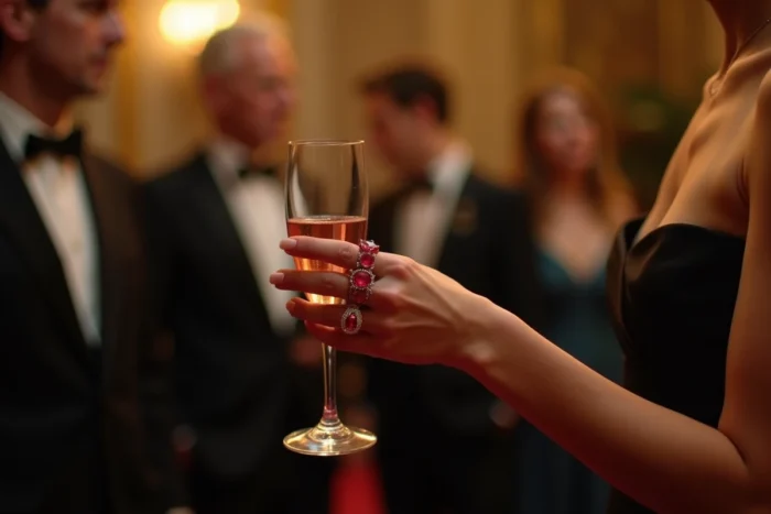 Femme élégante portant une bague cocktail rubis et diamants lors d'une vente aux enchères de joaillerie de luxe