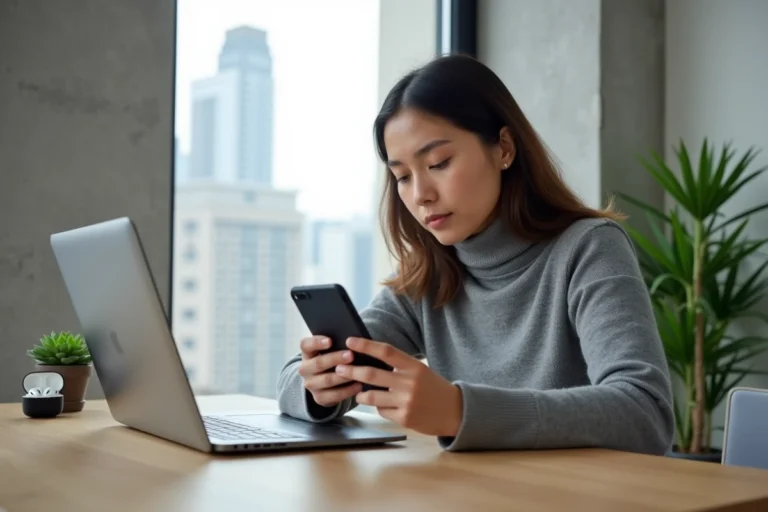 Femme trentenaire analysant un smartphone dernier cri dans un bureau design moderne, illustrant les tendances tech actuelles