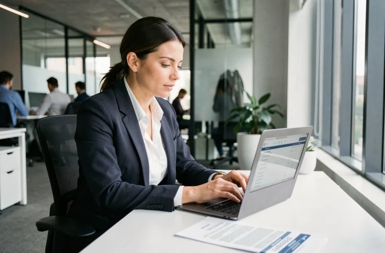 Femme professionnelle consultant un virement bancaire européen sur son ordinateur portable au bureau