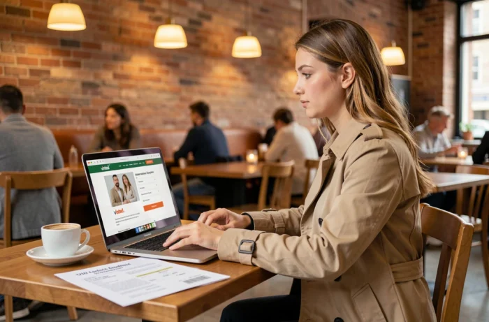 Jeune femme dans un café cherchant une solution alternative à un point relais indisponible sur Vinted