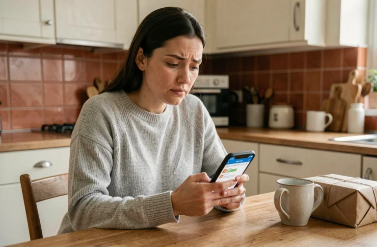 Femme perplexe regardant son téléphone en cherchant un point relais sur une application d'envoi de colis Vinted