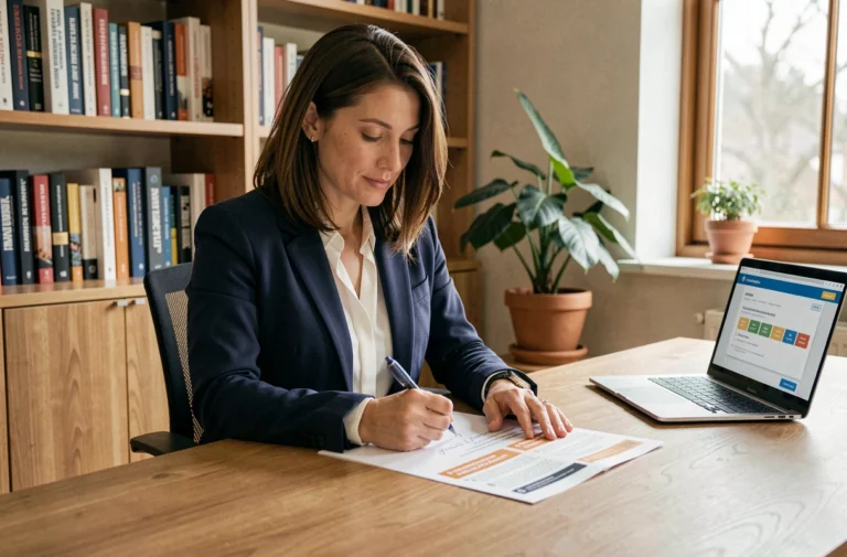 Une femme professionnelle étudie des brochures de formation pour choisir la meilleure option pour sa carrière